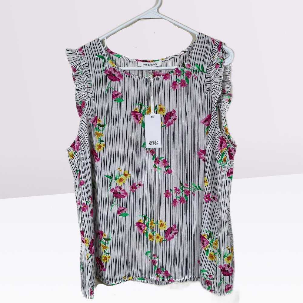 ROSE + OLIVE New Women's Top Blouse Size L Stripe Flowers Sleeveless